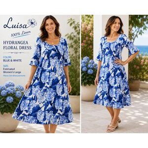 Luisa Positano 100% Linen Dress Blue White Hydrangea Floral Made Italy L/XL 1849